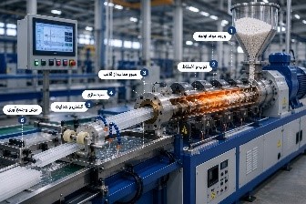 ذوب، اختلاط و شکل دهی مواد پلیمری در خط تولید و عبور مذاب از قالب جهت تولید مقطع موردنظر.